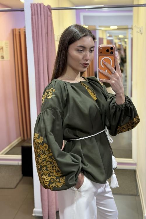 Women's khaki embroidered shirt with gold embroidery “NADIA”