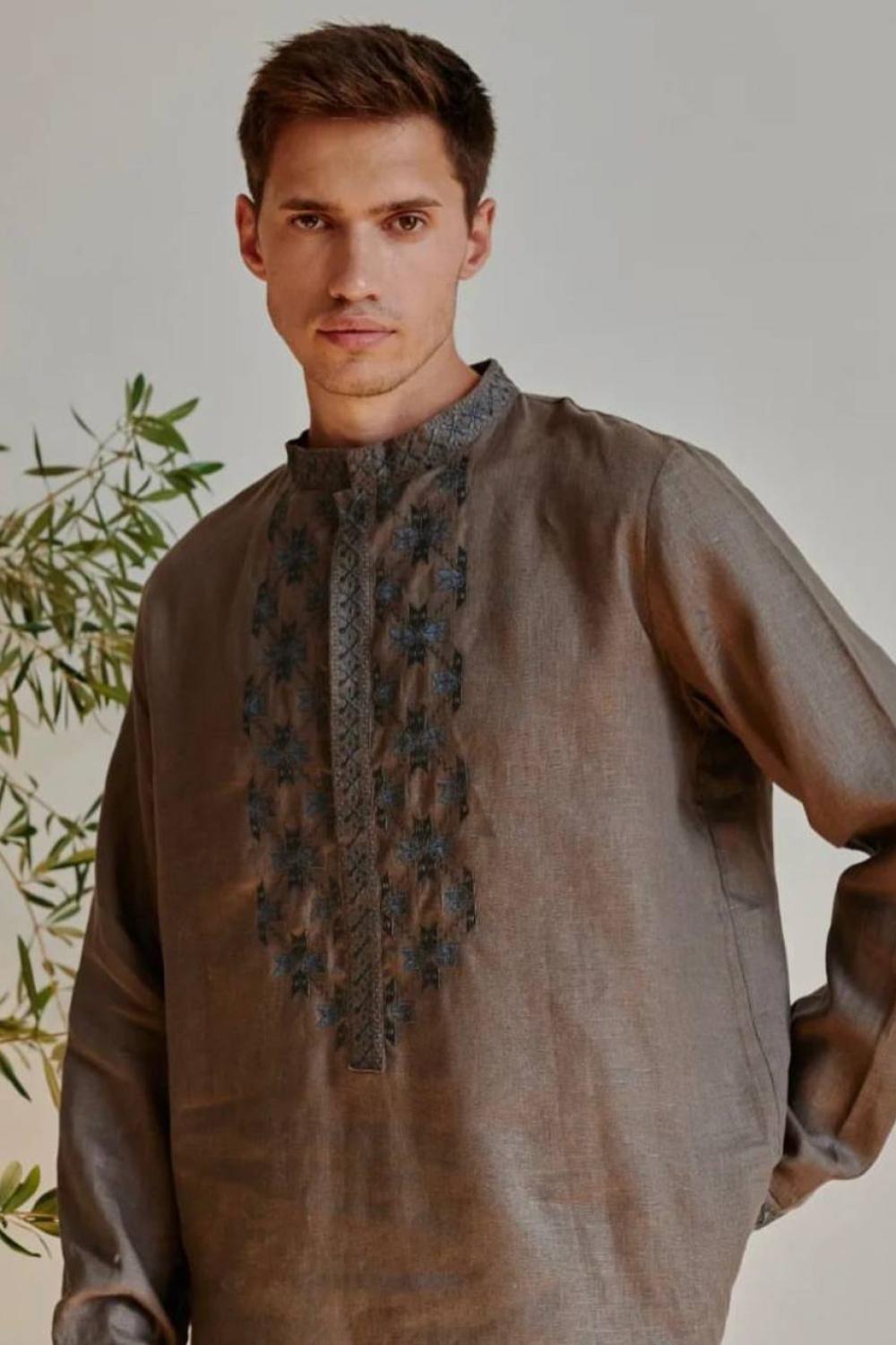 Men's embroidered shirt in a traditional style in a brown color