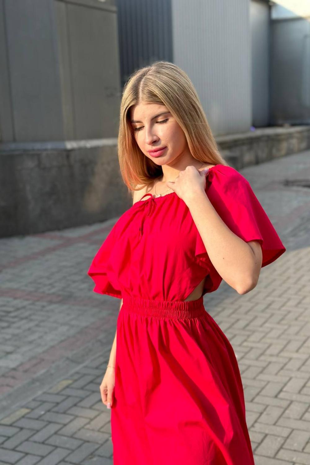 Red dress with open shoulders