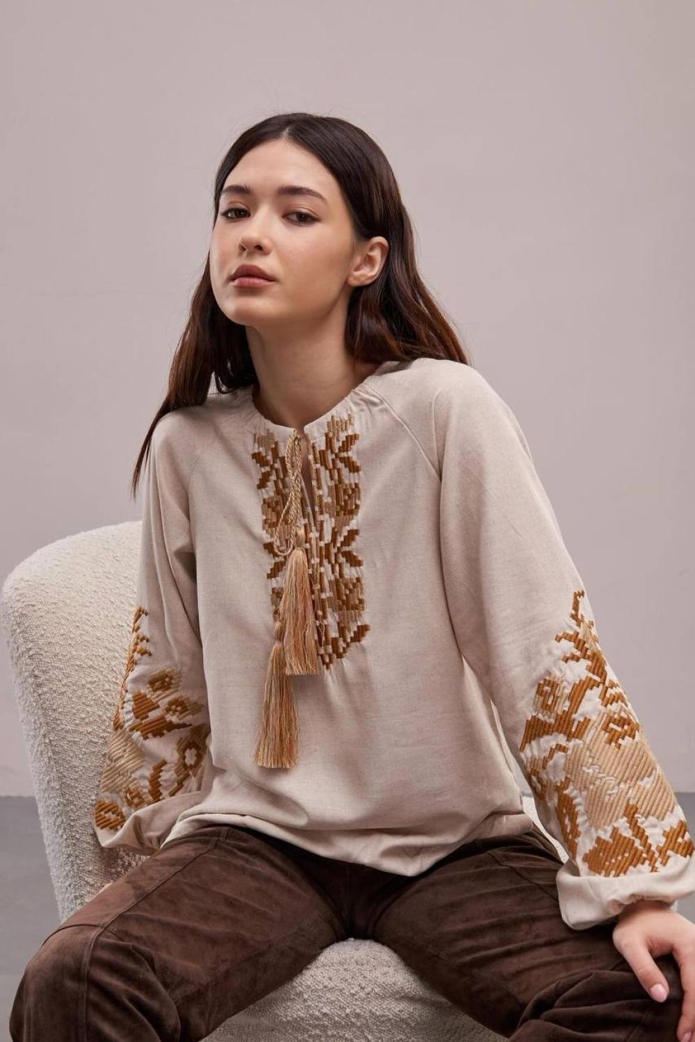 Women's beige embroidered jacket with red embroidery by Ruta MEREZHKA