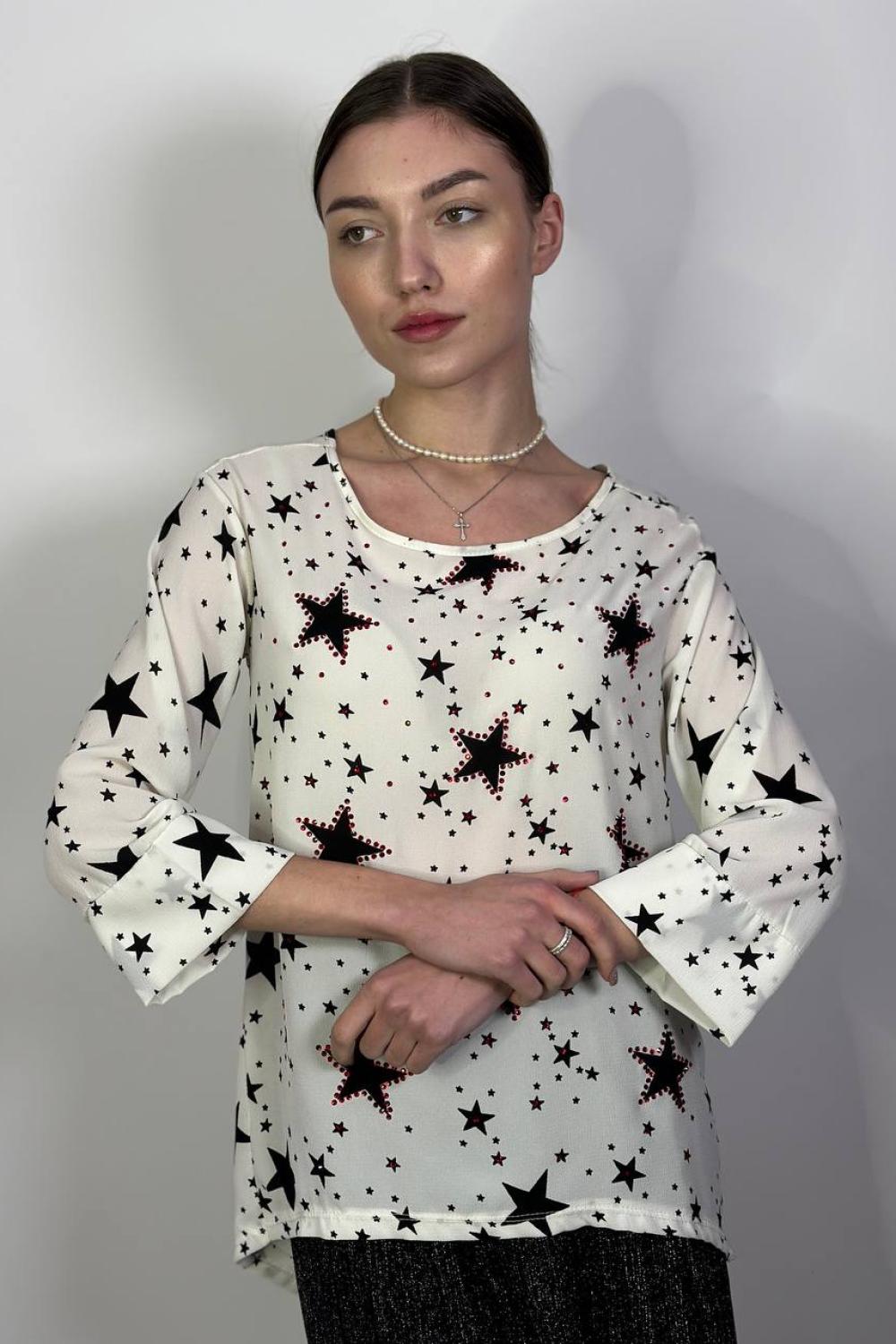 Blouse is printed with red rhinestones