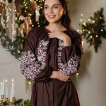 Women's brown embroidered dress with white embroidery PTAŠKA_brown_dress