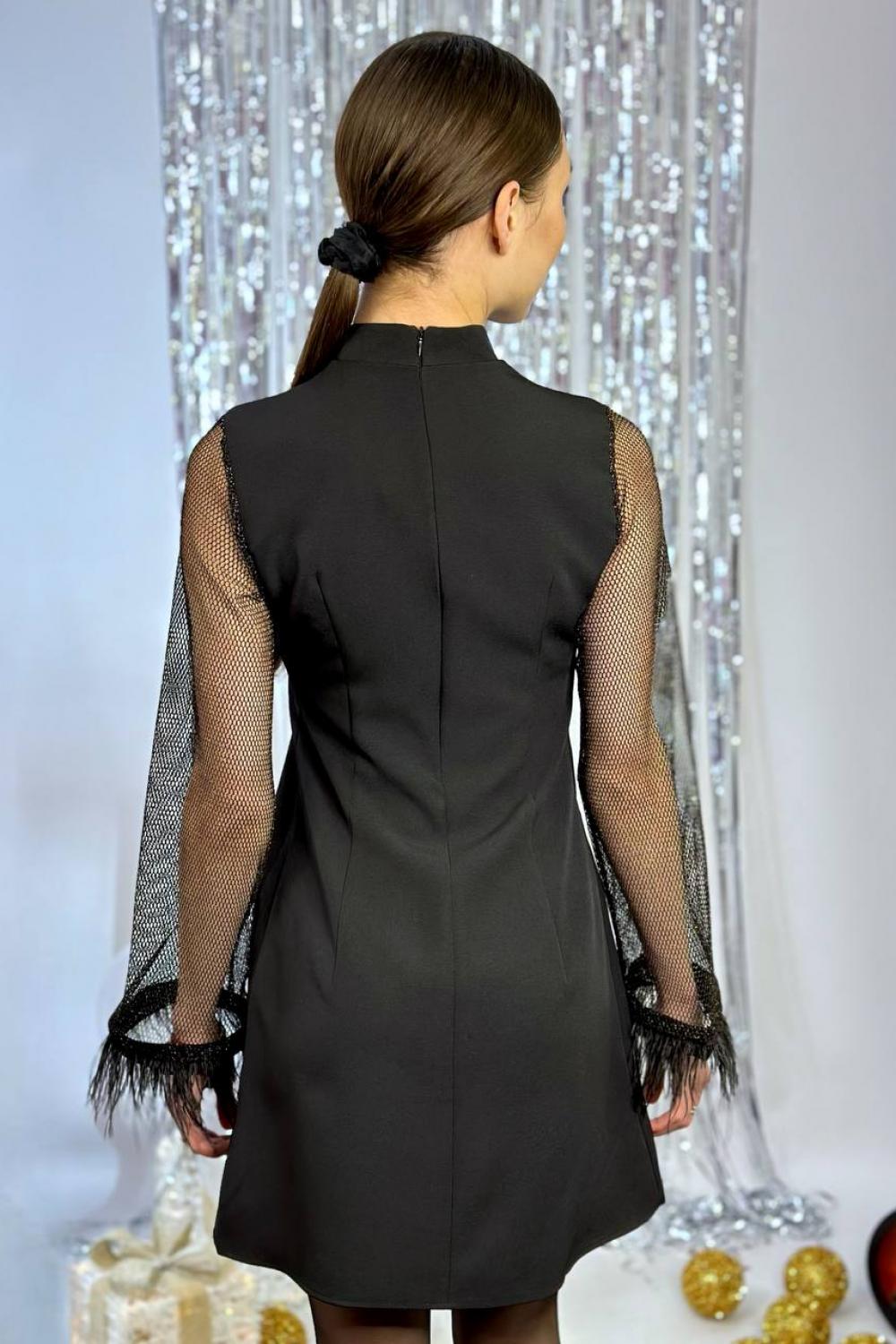 Black mini cocktail dress with mesh and feather sleeves Exclusive