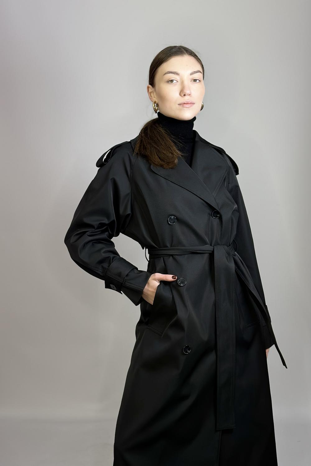 Trench coat women's black demi-season made of Fine Line cotton
