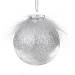 Christmas tree ball 8 cm, transparent in silver tones of fluff and feather decor