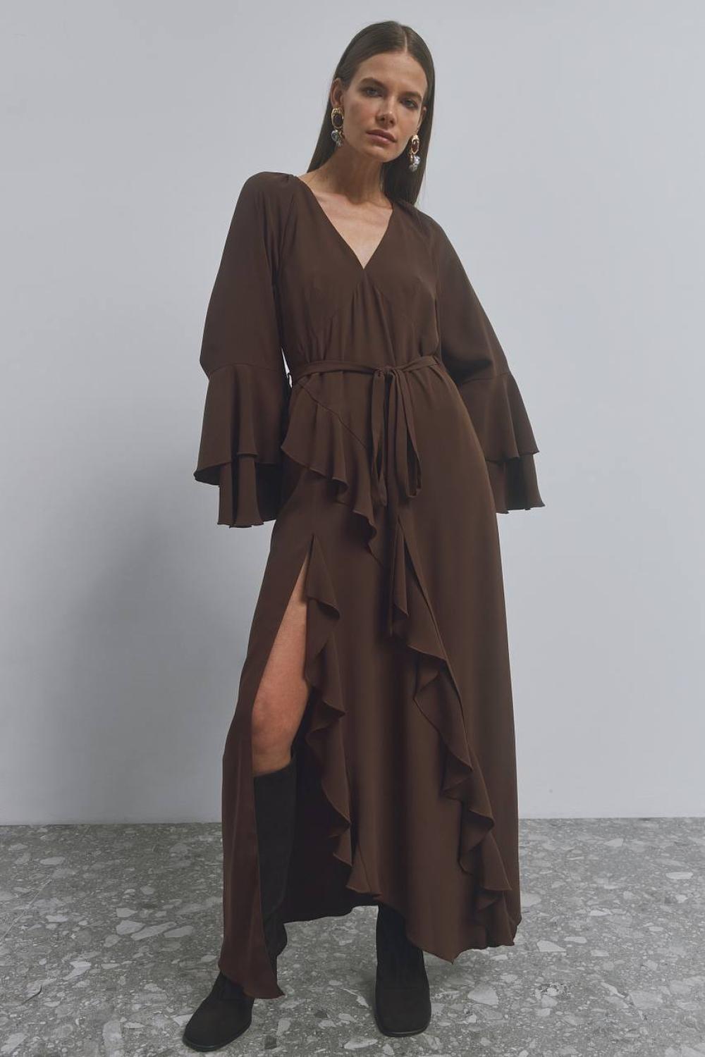 A long loose-fitting dress with ruffles