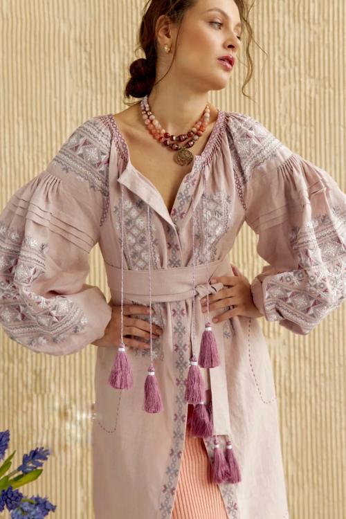Women's pink linen embroidered dress Solomiya EMBROIDERED GEM