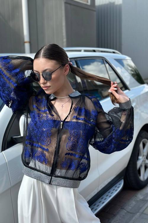 Бомбер жіночий вишитий на сітці чорно-синій EMBROIDERED GEM