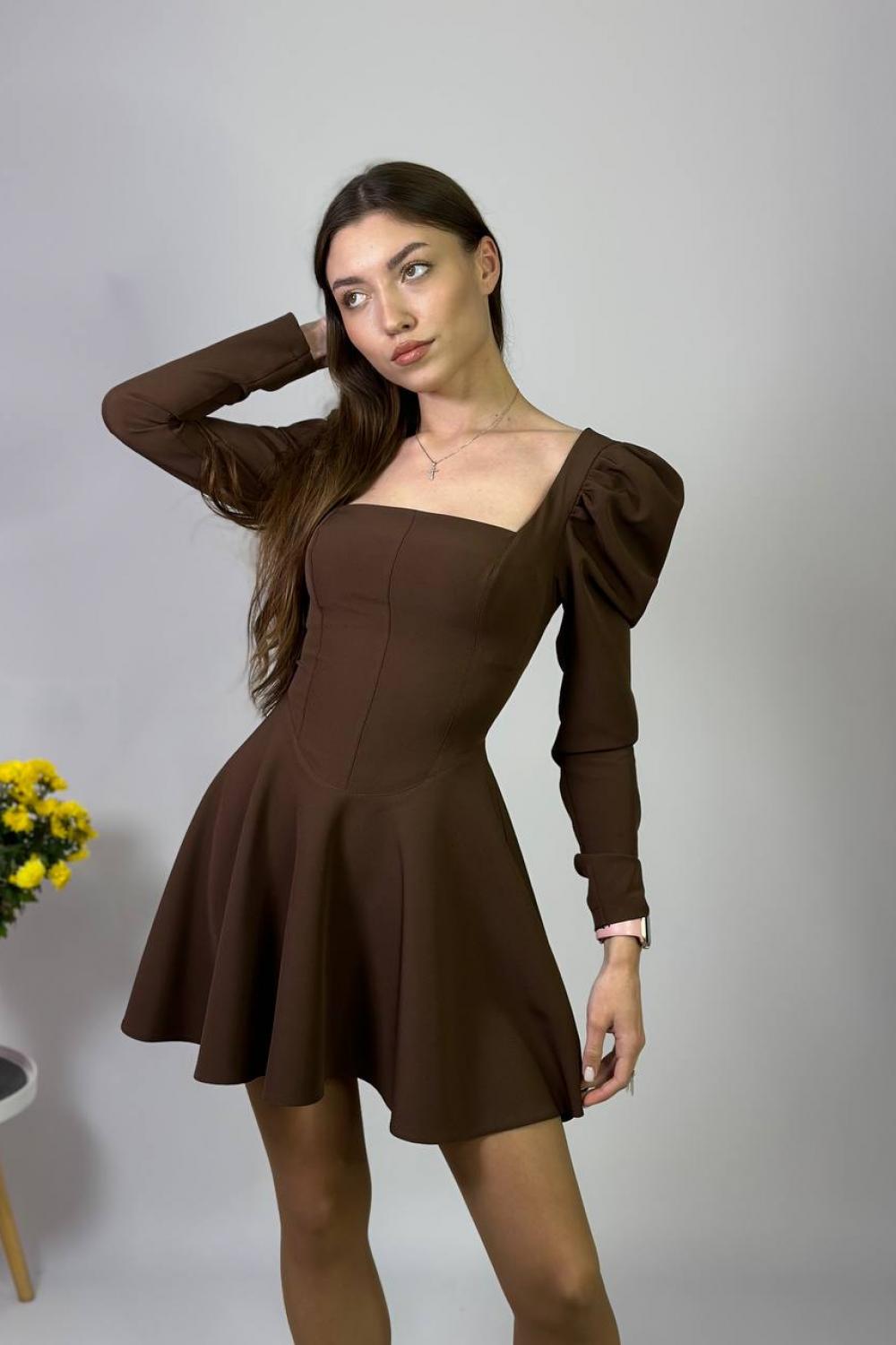 Brown mini dress with imitation of a lace-up corset