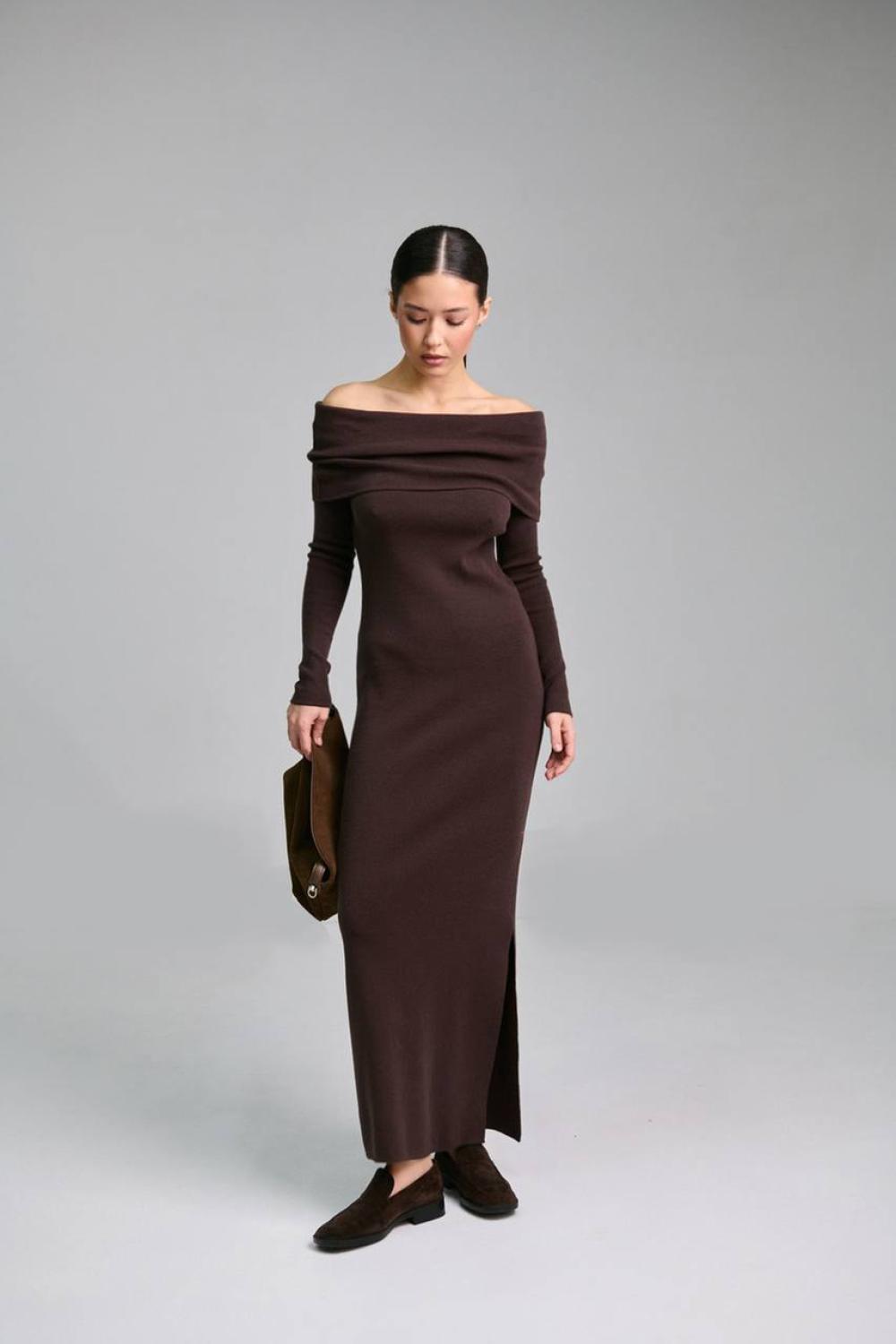 Knitted chocolate dress with open shoulders