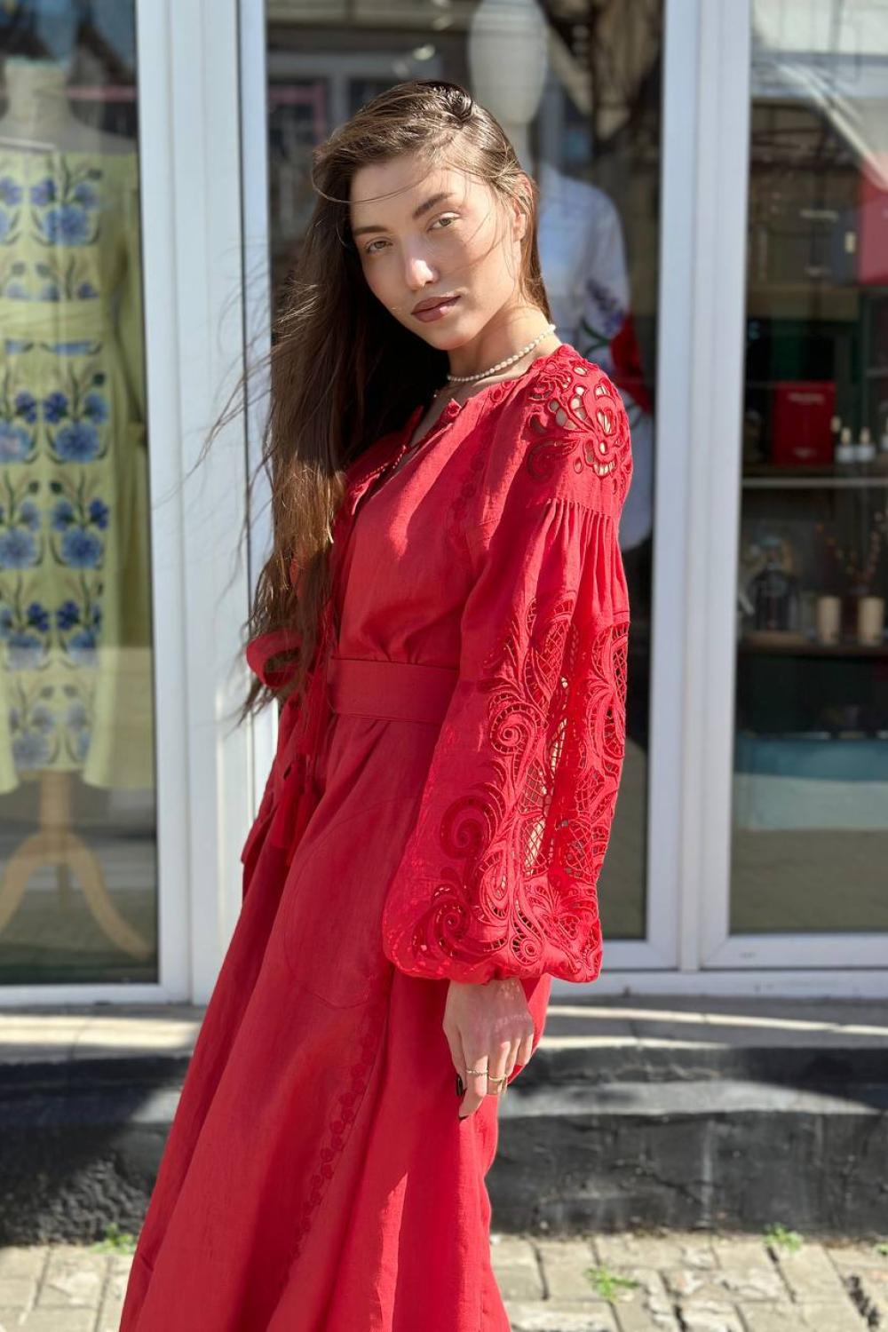 Embroidered women's linen Richelieu red EMBROIDEREDGEM dress