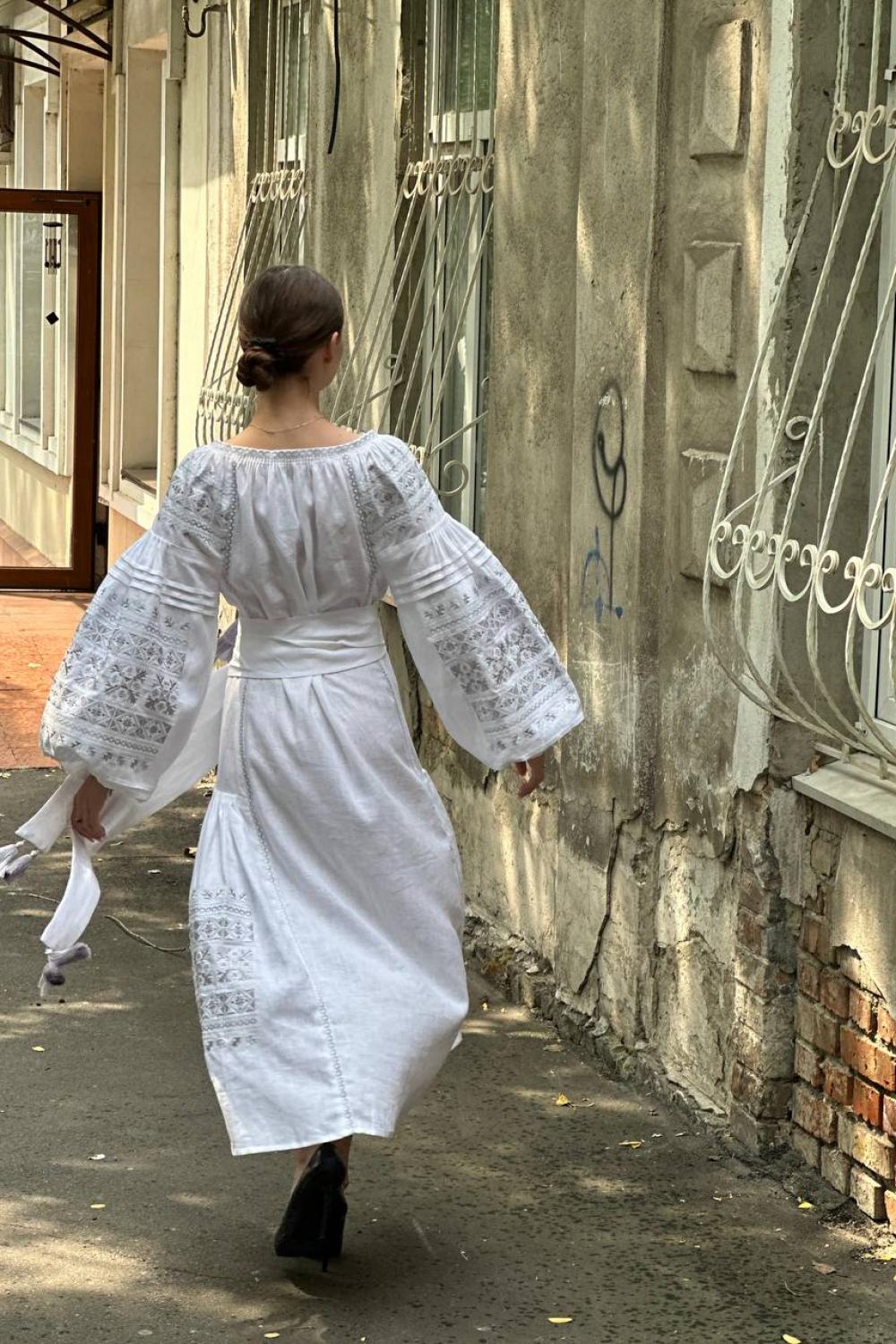 Women's white linen embroidered dress with silver embroidery Ceremonial EMBROIDERED GEM