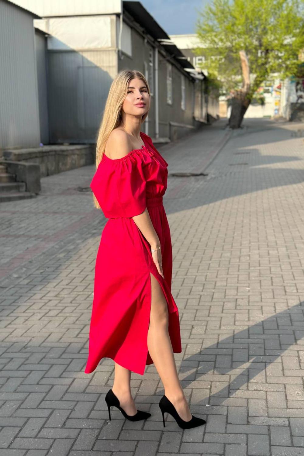 Red dress with open shoulders
