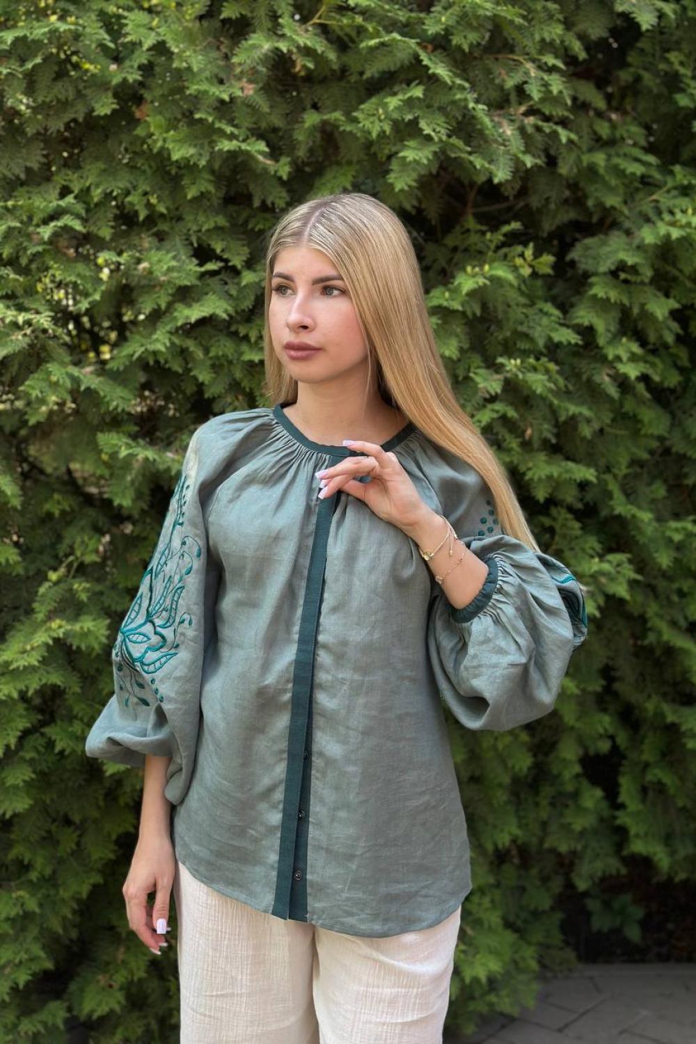 Green designer embroidered shirt for women