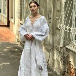 Women's white linen embroidered dress with silver embroidery Ceremonial EMBROIDERED GEM
