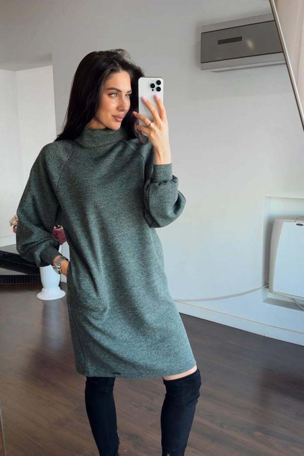 A loose-fitting knitted dress