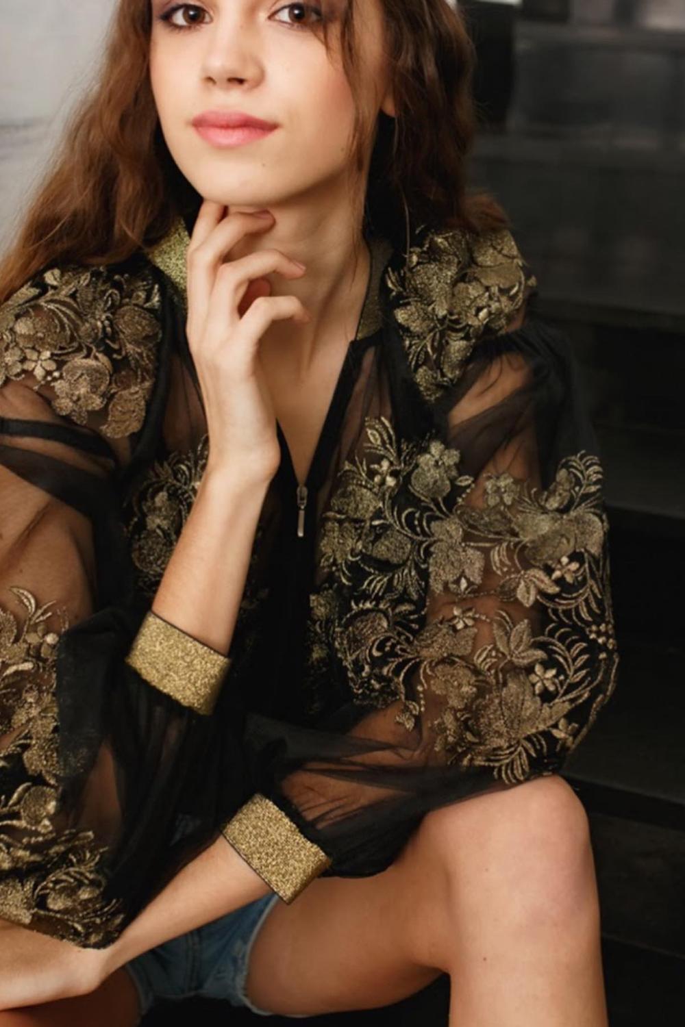 Embroidered bomber jacket black and gold EMBROIDERED GEM