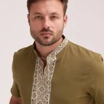 Men's Olive-Colored Cossack-Style Embroidered T-Shirt