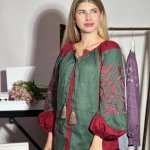 Embroidered shirt for women green with red pattern designer