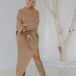 Warm beige dress in the form of a long sweater with a slit 2045 BELLISE