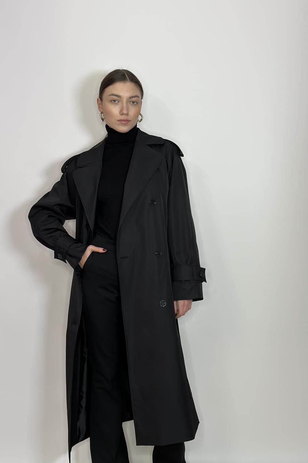 Trench coat women's black demi-season made of Fine Line cotton