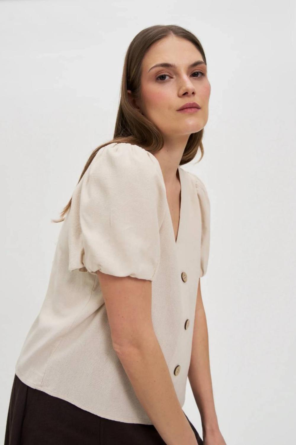 Beige blouse with linen addition