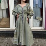 Embroidered long women's dress in green Embroidered Jem