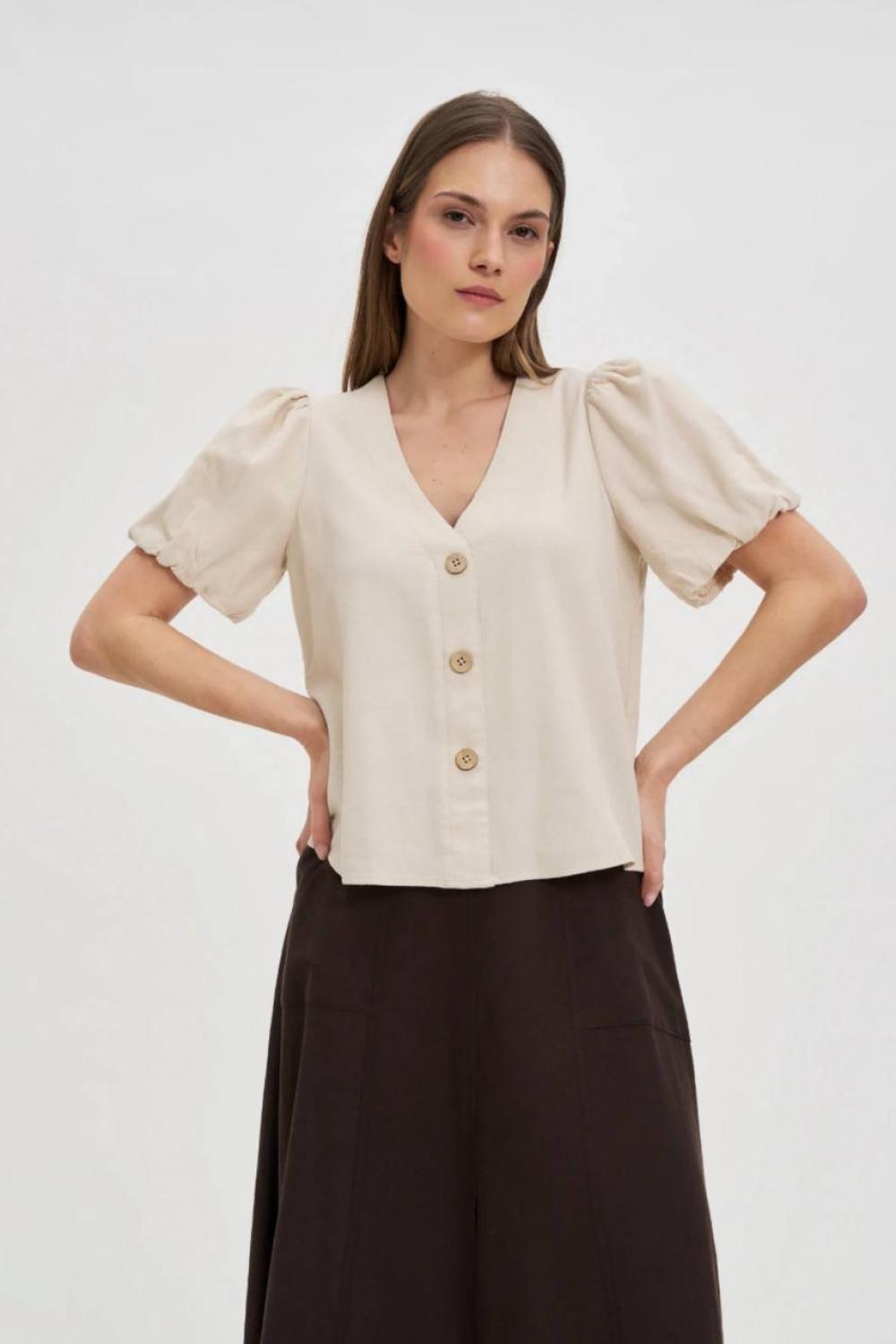 Beige blouse with linen addition