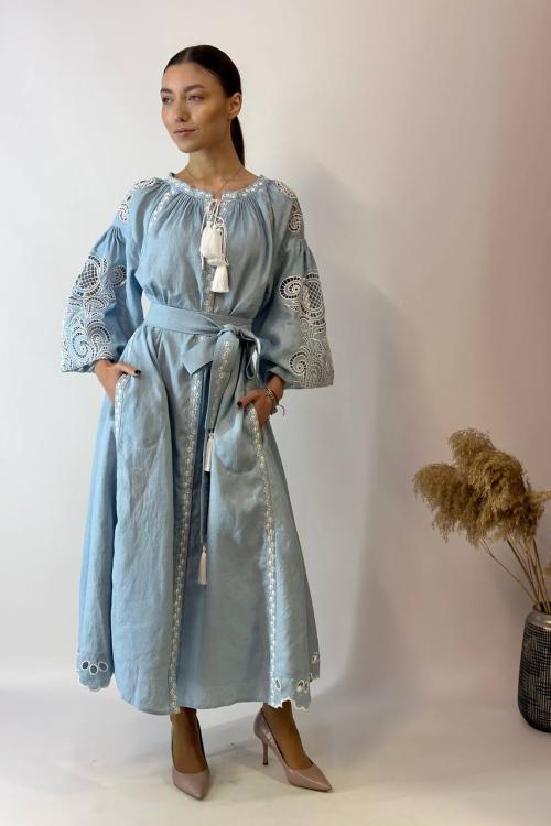 Embroidered women's linen Richelieu blue EMBROIDEREDGEM dress