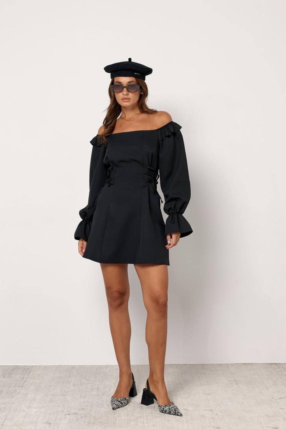 Black midi cocktail dress with a slit