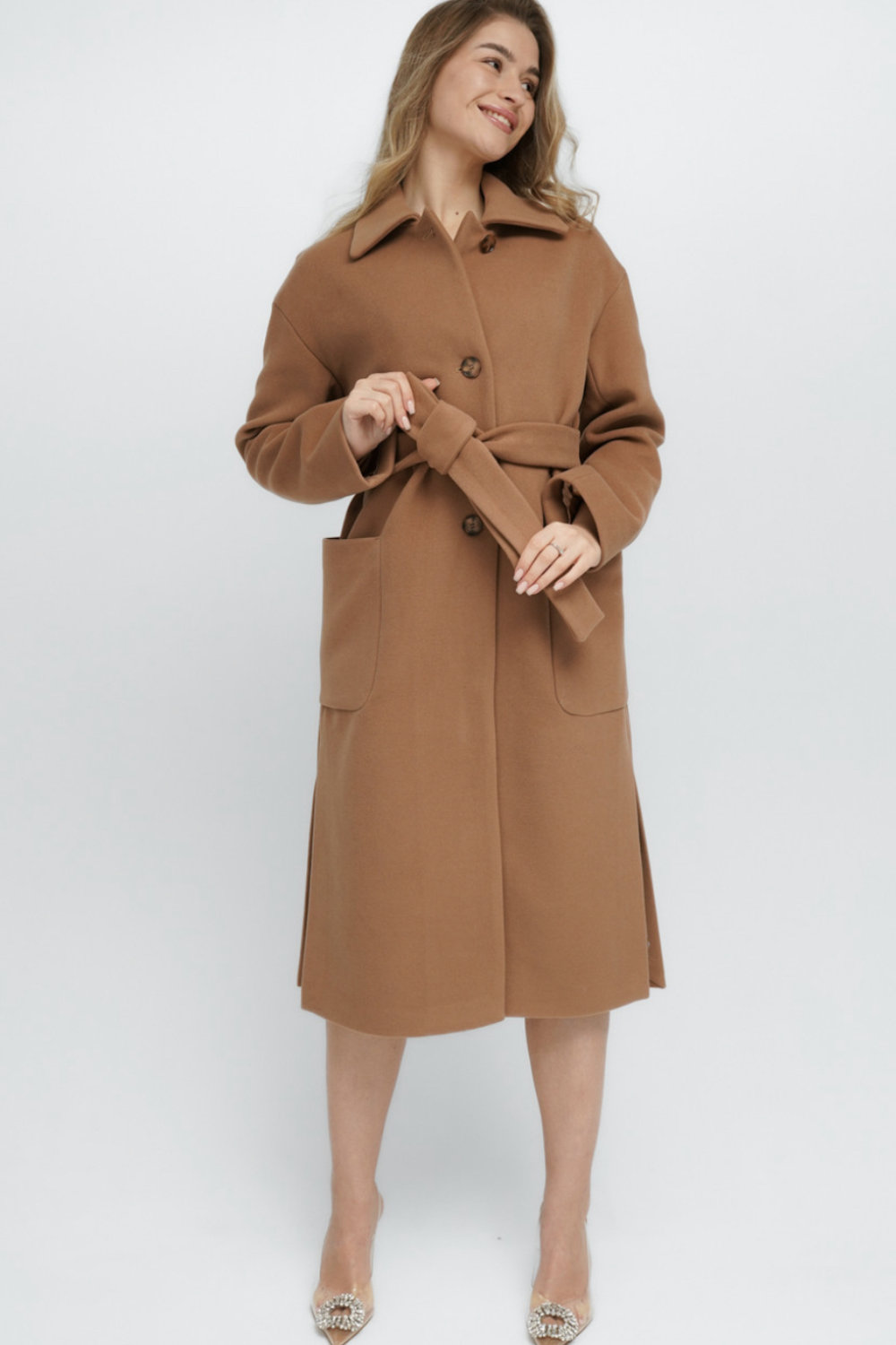 Women's demi-season cashmere coat in camel color 248C FINE LINE