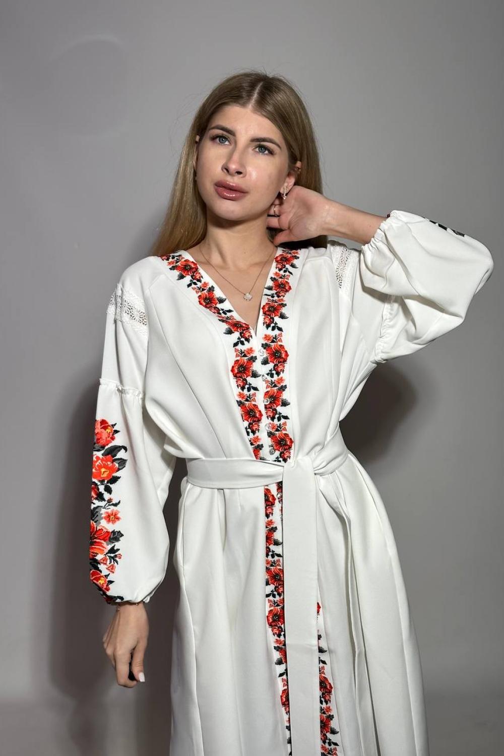 Embroidered dress women's white with red flowers