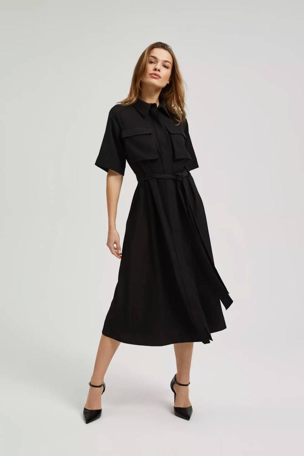 Black midi dress with patch pockets  MOODO