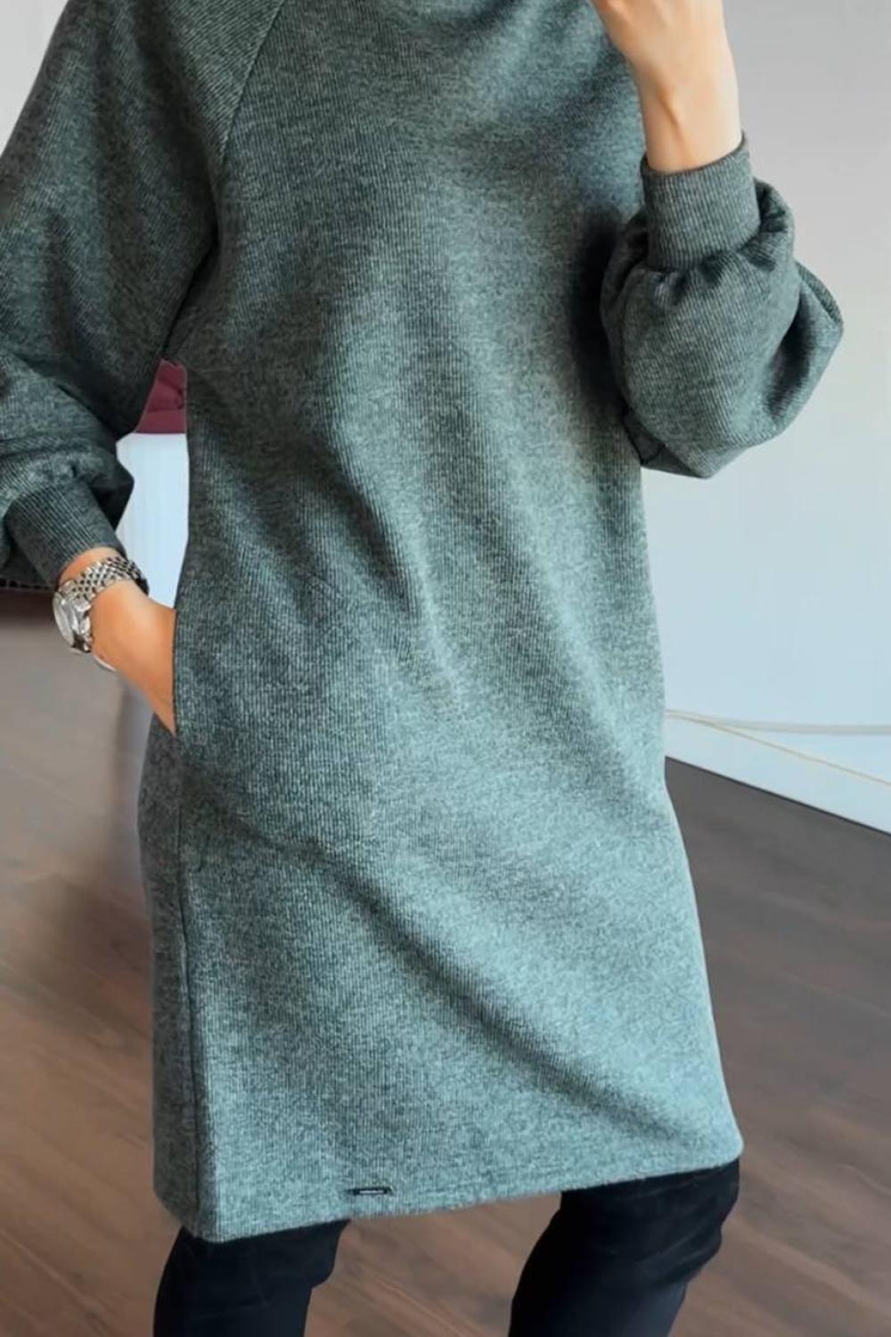 A loose-fitting knitted dress