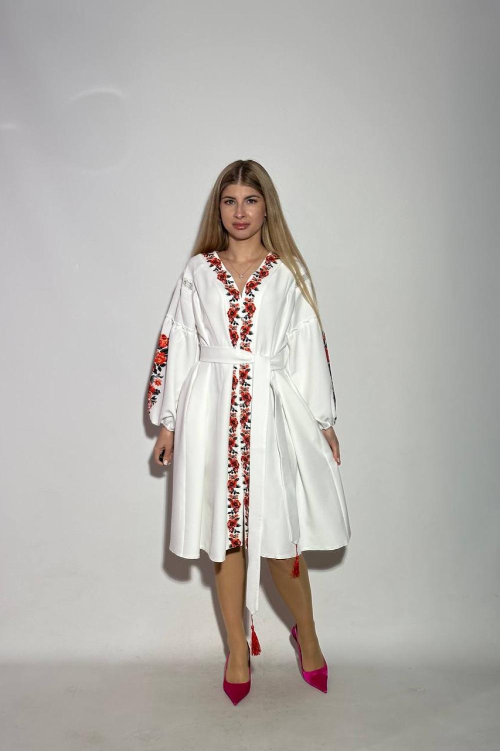 Embroidered dress women's white with red flowers