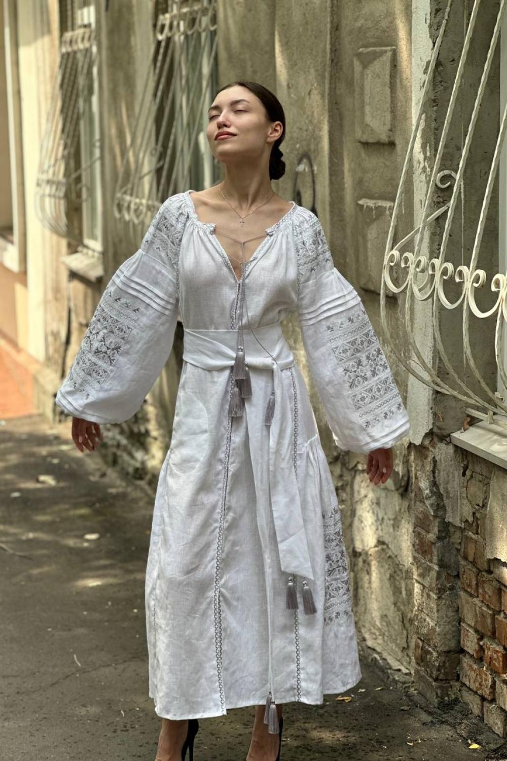 Women's white linen embroidered dress with silver embroidery Ceremonial EMBROIDERED GEM