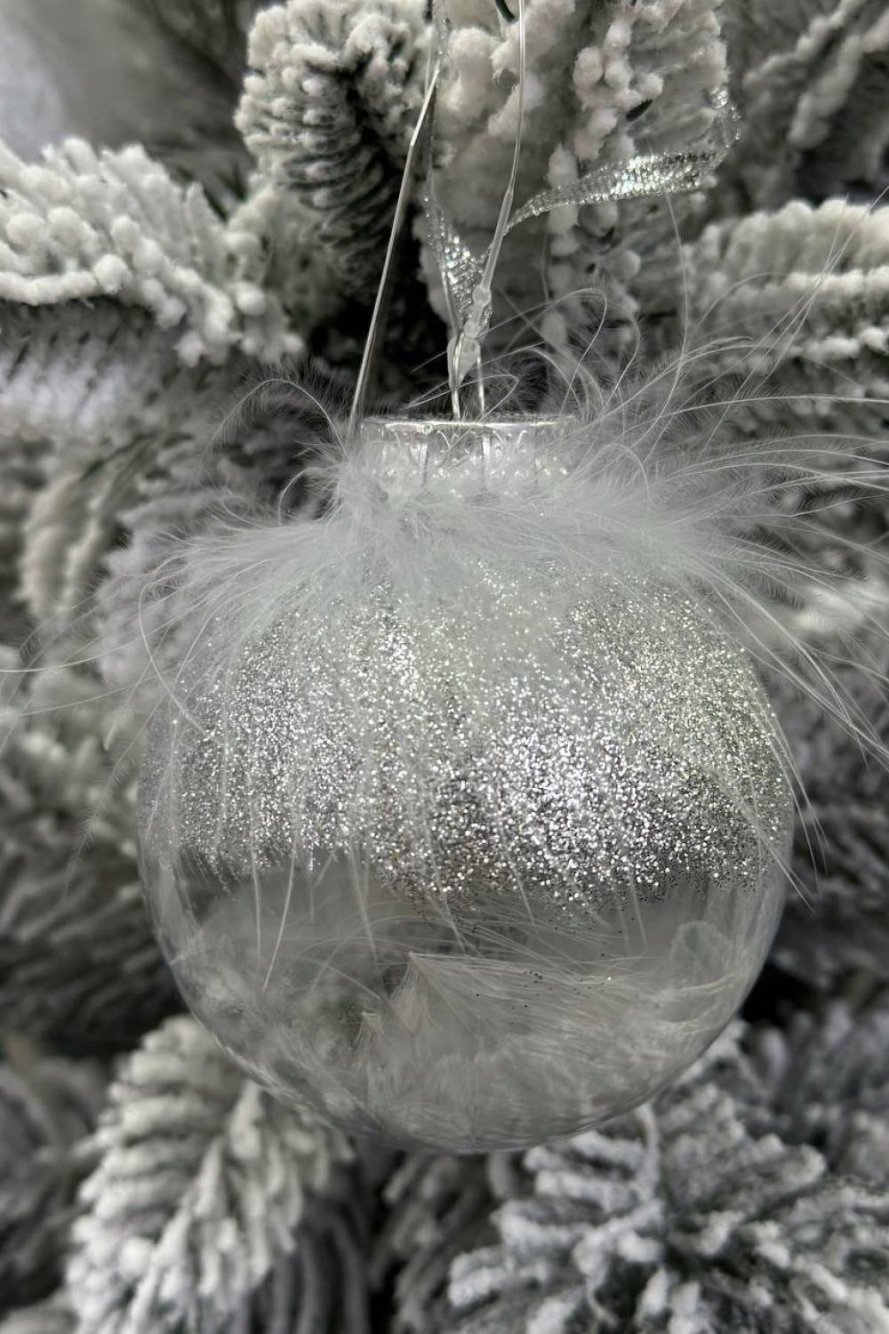 Christmas tree ball 8 cm, transparent in silver tones of fluff and feather decor
