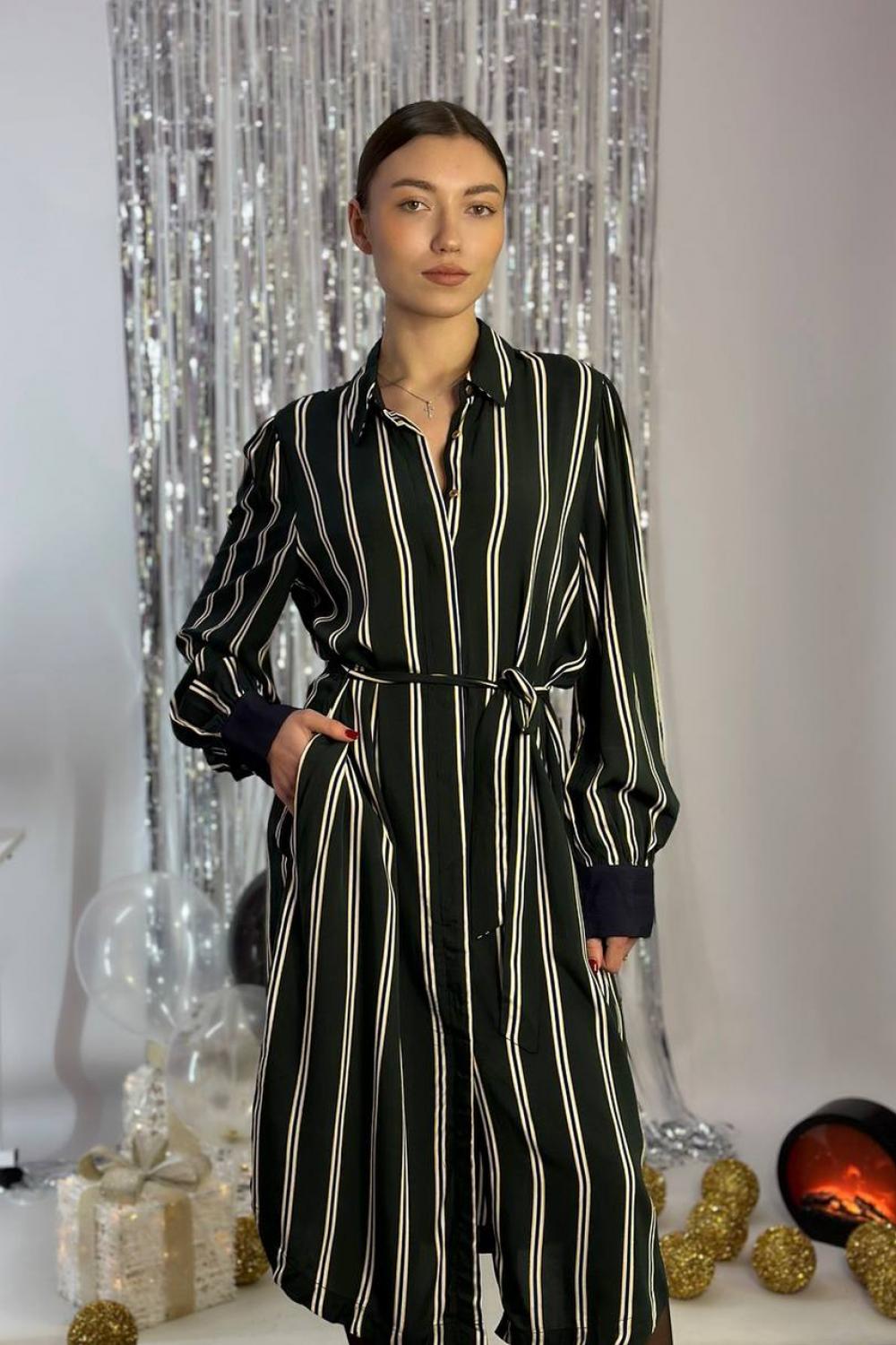 Shirt dress copper green with a long white stripe 20AH080. France. Almae