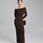Knitted chocolate dress with open shoulders