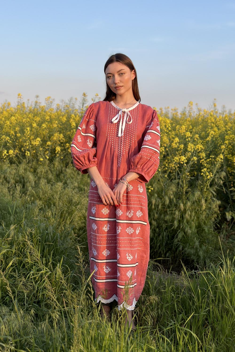 EMBROIDERED GEM women's coral linen embroidered dress