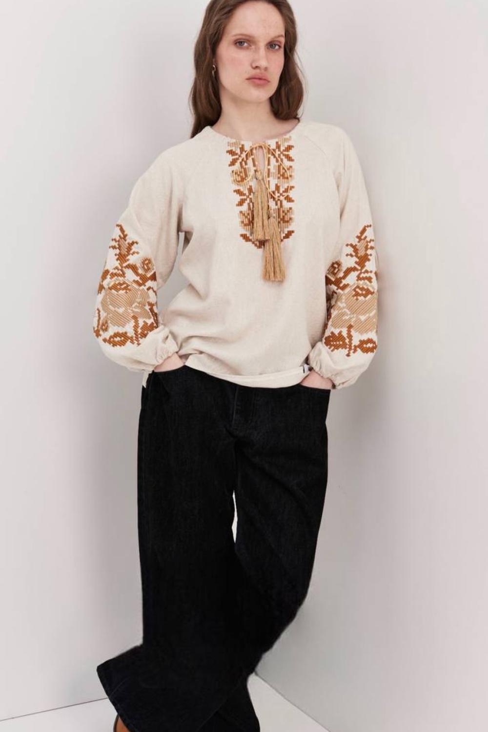Women's beige embroidered jacket with red embroidery by Ruta MEREZHKA