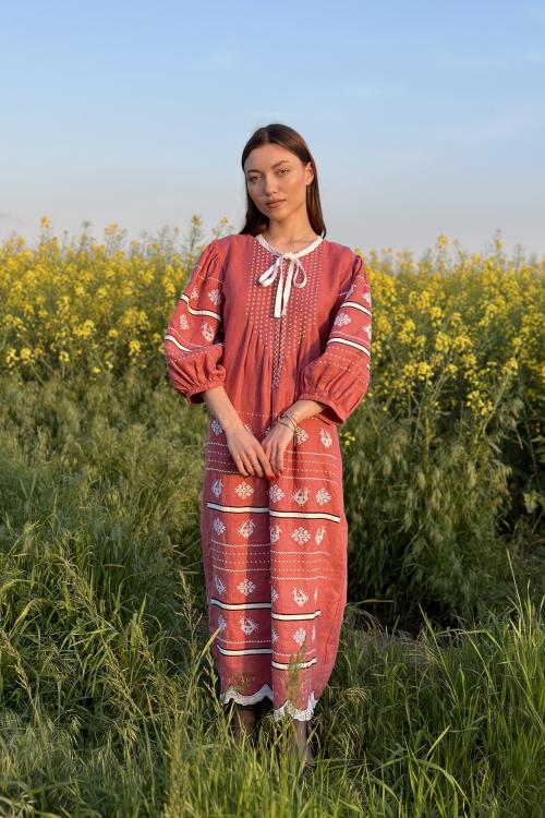 EMBROIDERED GEM women's coral linen embroidered dress