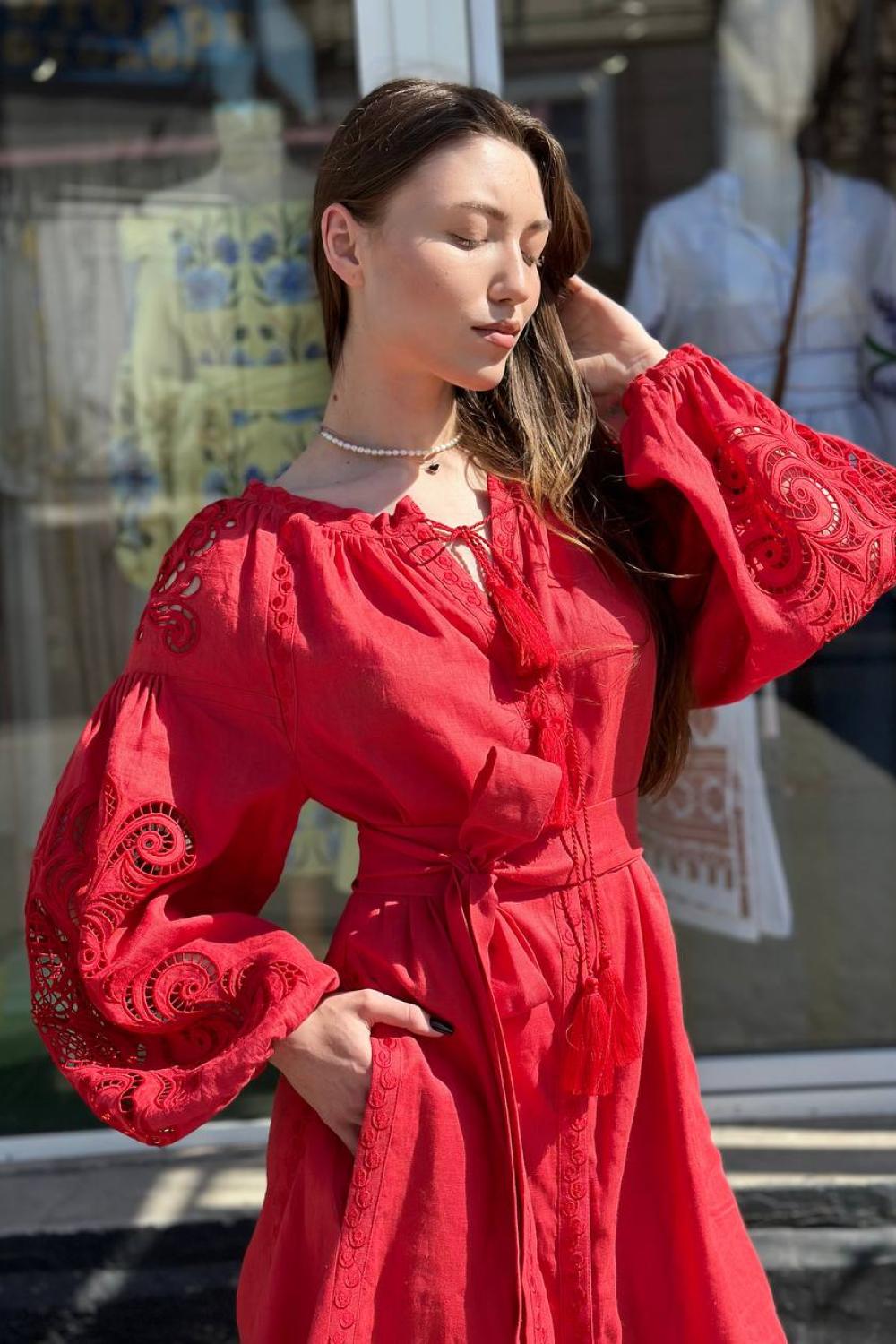 Embroidered women's linen Richelieu red EMBROIDEREDGEM dress