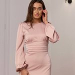 Elegant powder-colored midi-length dress.