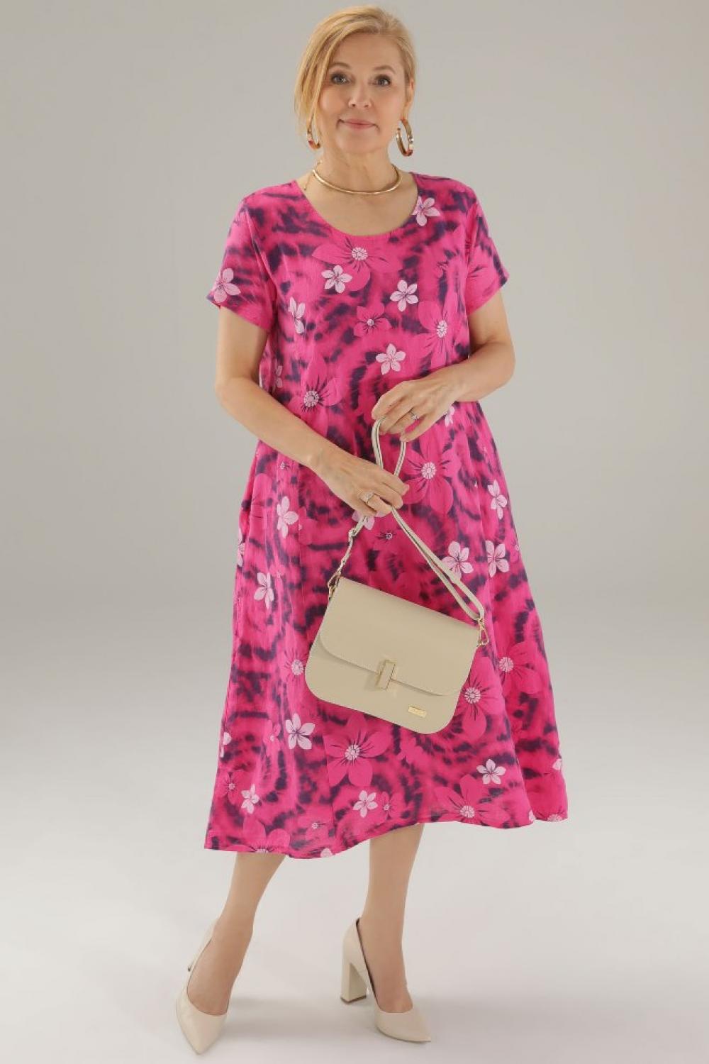 Fuchsia linen dress with print 114-6568