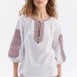 Women's white embroidered shirt with red and black embroidery Bandera
