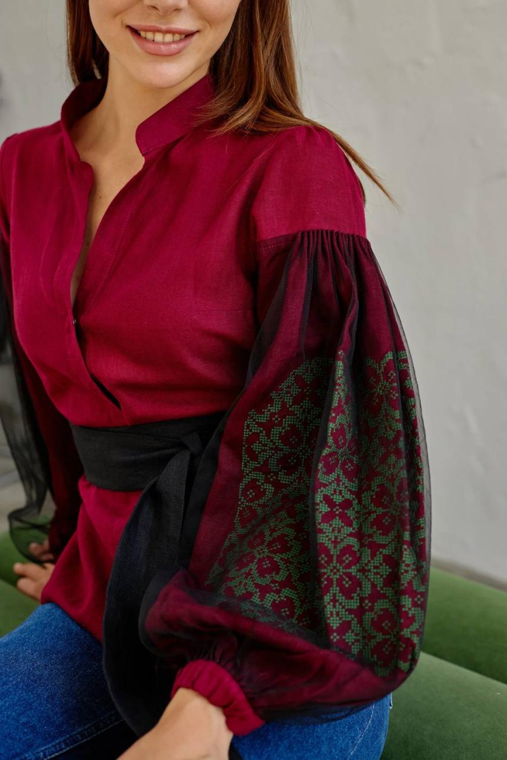Women's embroidered shirt in burgundy color, author's work