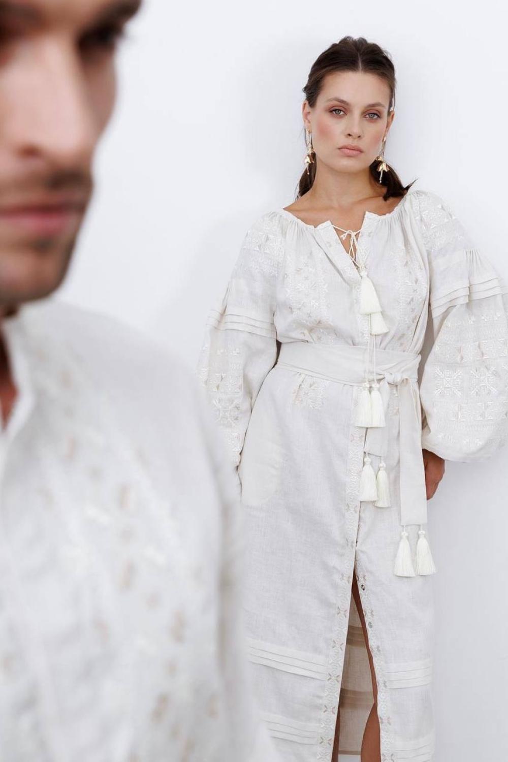 Women's beige linen embroidered dress Solomiya EMBROIDERED GEM