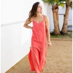 Coral-coloured sundress with cut-outs 22PE134-K-Realiz