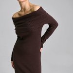 Knitted chocolate dress with open shoulders